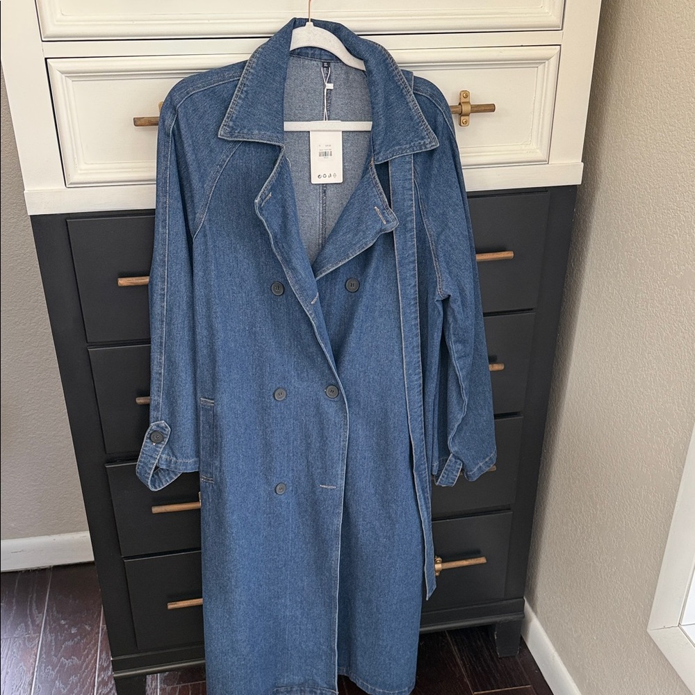 Long Double-Breasted Denim Trench Coat - Blue